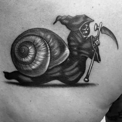 Upper Back Mens Tattoo With Grim Reaper Snail Design