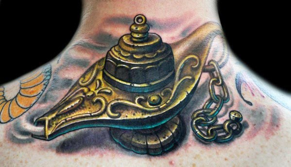 Ornate tattoo of a genie lamp gracing the neck and upper chest