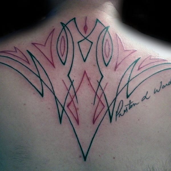 Upper Back Pinstripe Mens Black And Red Ink Tattoo Inspiration