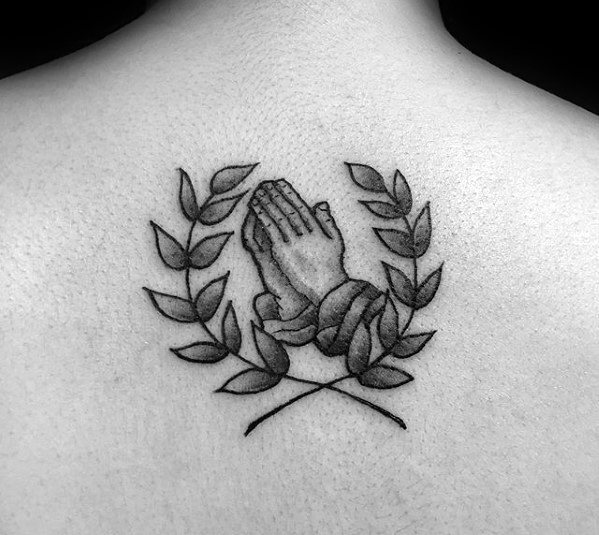 Upper Back Praying Hands Laurel Wreath Tattoos Men