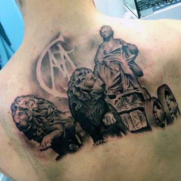 Upper Back Shaded Artistic Male Real Madrid Tattoo Ideas