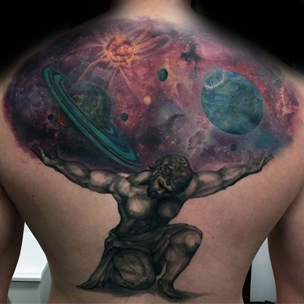 Back tattoo of Atlas holding the cosmos, with planets, a sun, space elements, and a stunning nebula