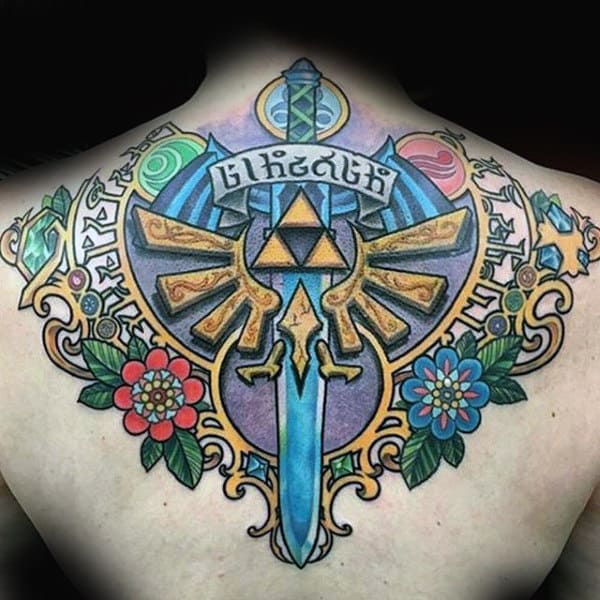 Upper Back Sword With Triforce Symbol Mens Zelda Tattoo Designs