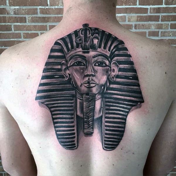 Upper Back Tattoo Of King Tut On Male