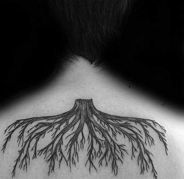 Upper Back Tree Roots Tattoo On Guy