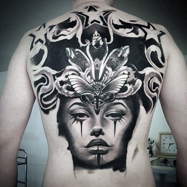 Upper Back Watercolor Shaded Chicano Female Portrait Tattoo On Male