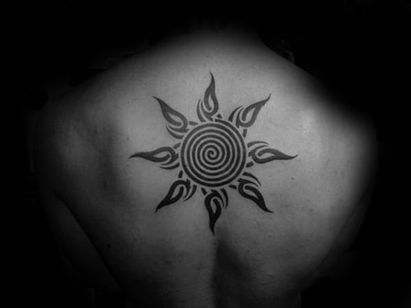 Upper Center Back Tribal Sun Tattoo On Gentleman