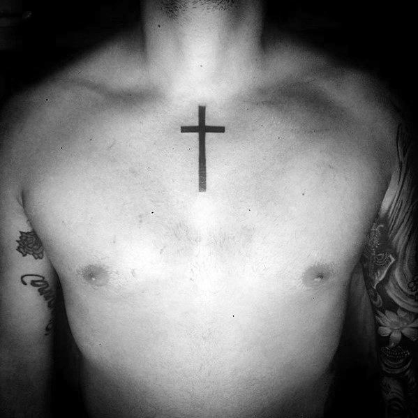 Upper Check Simple Christian Black Ink Cross Tattoo Ideas For Guys