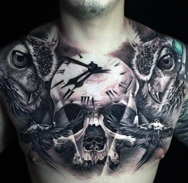 Upper Chest 3d Badass Skull Tattoo Ideas For Males