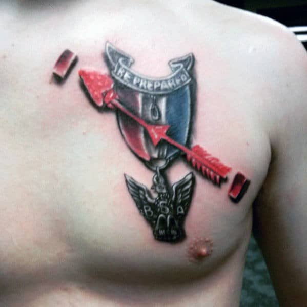 Upper Chest 3d Eagle Scout Badge With Red Arrow Tattoo For Men