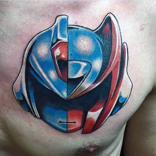 Upper Chest 3d Helmet Of Megaman Tattoo Design On Man