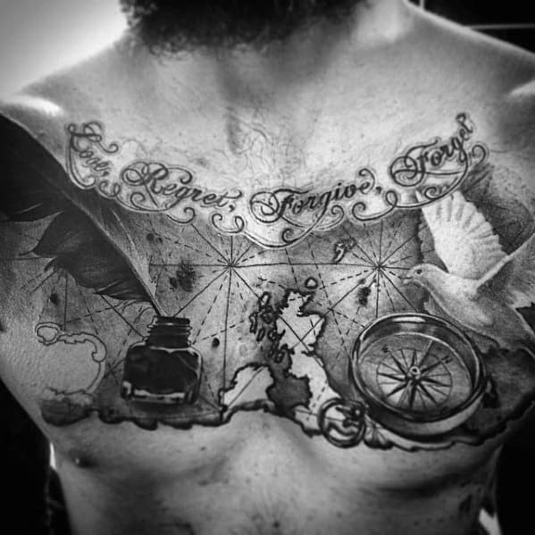 Upper Chest 3d Map Quill Tattoos Guys