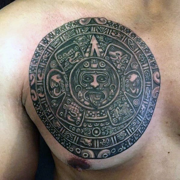Upper Chest 3d Mayan Calender Male Tattoo Ideas