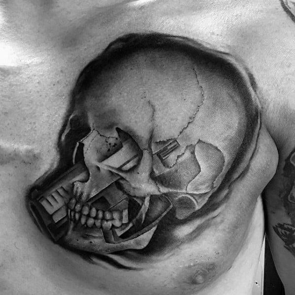 Upper Chest 3d Skull Pistol Morph Tattoos For Gentlemen