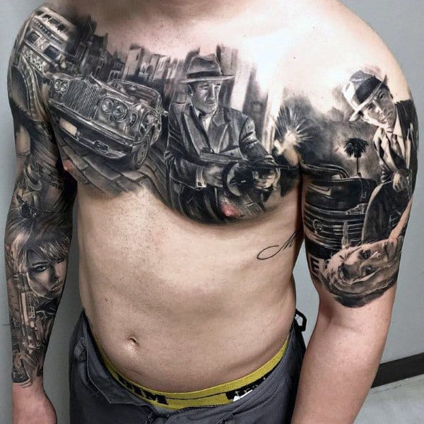 Gangster-themed chest and sleeve tattoo featuring mobsters, vintage cars, and tommy guns, symbolizing crime-era grit, power, and rebellion.