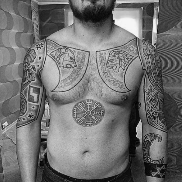 Upper Chest And Arms Norse Axe Tattoos Guys