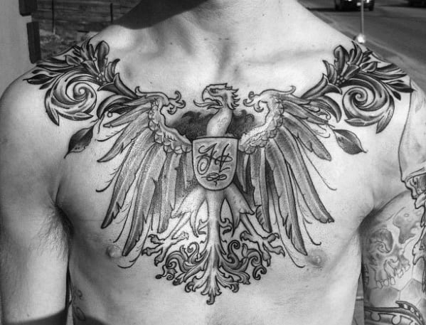 Upper Chest And Shoulder German Eagle Shaded Black And Grey Mens Tattoos