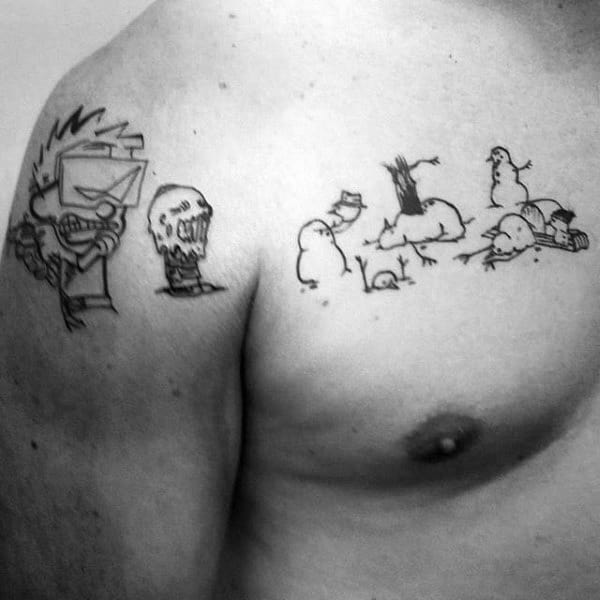 Upper Chest And Shoulder Guys Calvin And Hobbes Snowman Tattoo