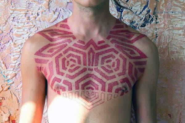 Upper Chest And Shoulder Guys Red Ink Pattern Tattoos