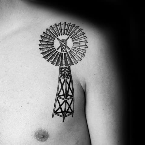 Upper Chest And Shoulder Guys Windmill Black Ink Tattoos