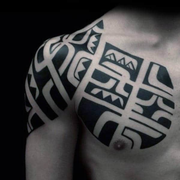 Upper Chest And Shoulder Mens Tribal Black Ink Tattoo Ideas