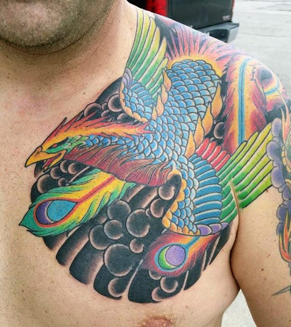 Upper Chest And Shoulder Phoenix Japanese Mens Tattoo Ideas