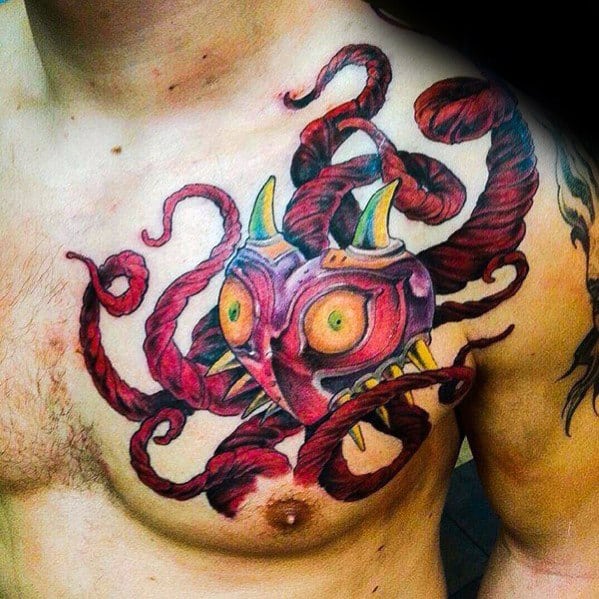 Upper Chest And Shouldermens Tattoo With Majoras Mask Octopus Themed Design
