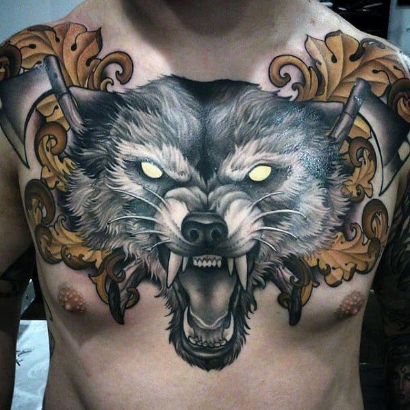 Upper Chest Angry Wolf With Axe Mens Tattoo Designs