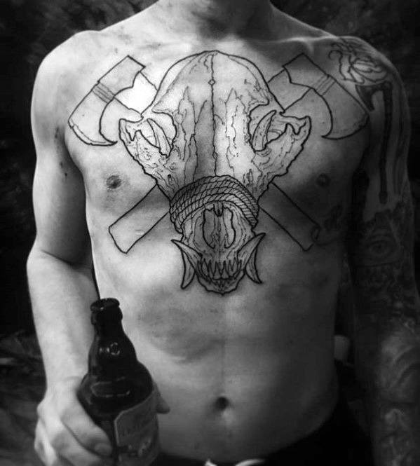 Upper Chest Animal Skull Axe Tattoos For Gentlemen