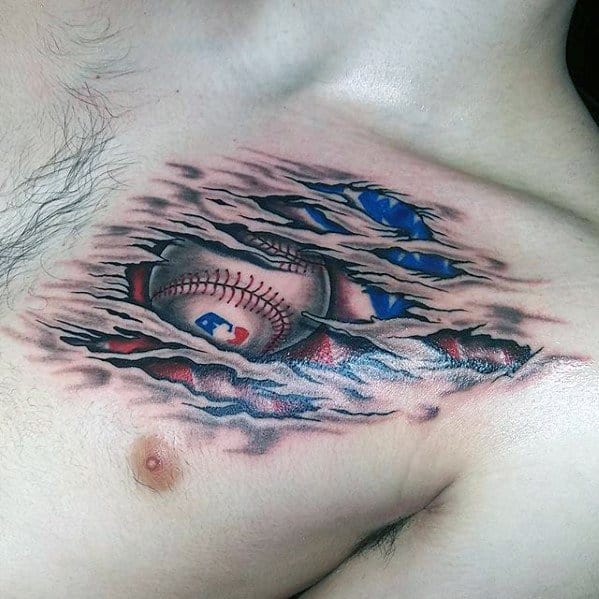 Ripped-skin chest tattoo revealing an MLB baseball and American flag beneath, with bold red, white, and blue ink and 3D torn effect.