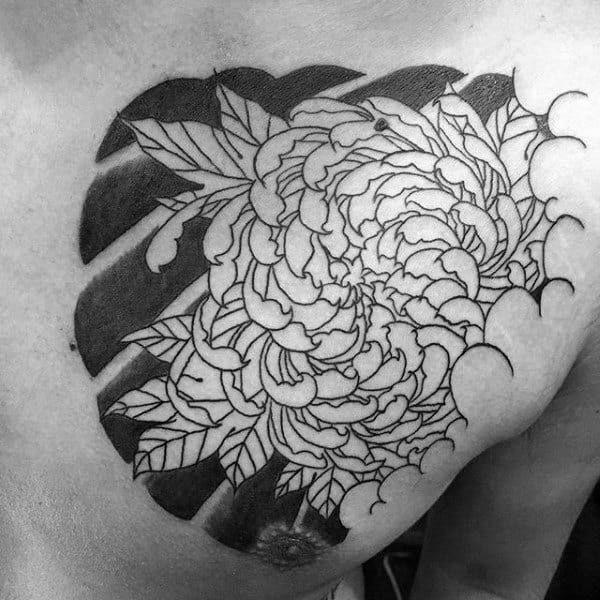 Upper Chest Black Ink Outline Chrysanthemum Japanese Male Tattoo