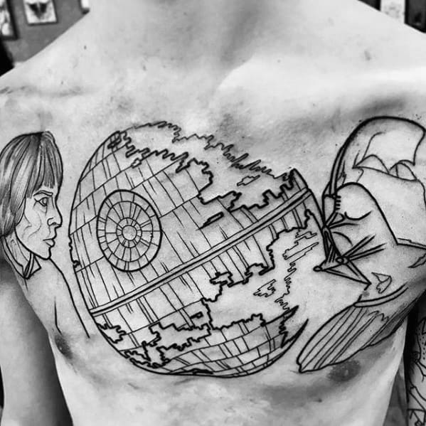 Chest tattoo featuring the Death Star, Darth Vader's helmet, and a detailed side portrait of Luke Skywalker