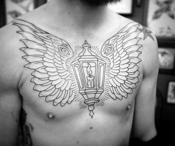 Upper Chest Black Ink Outline Wings Lantern Tattoo Ideas For Males