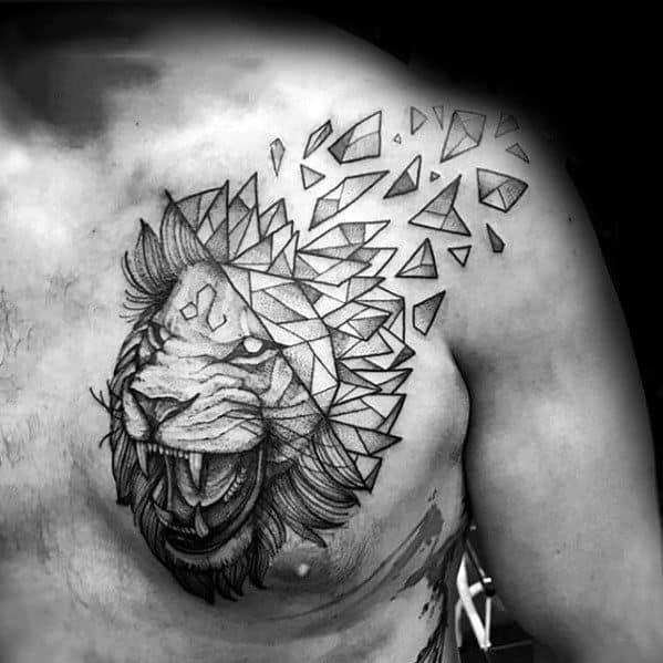 Upper Chest Broken Geometric Lion Tattoo On Men