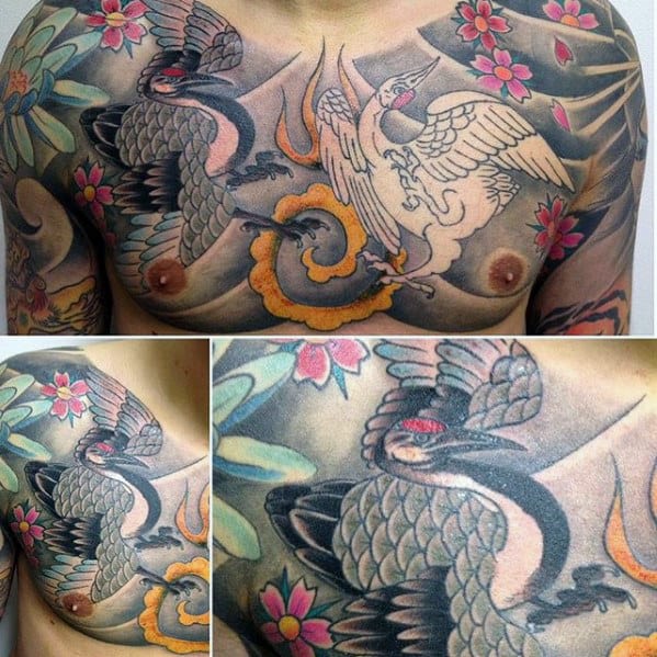 Upper Chest Colorful Mens Japanese Crane Tattoos