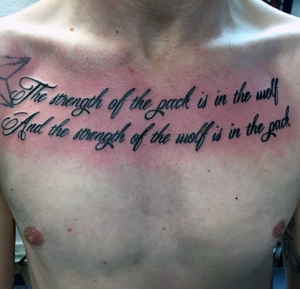 Upper Chest Cursive Script Quote Male Tattoo Design Ideas