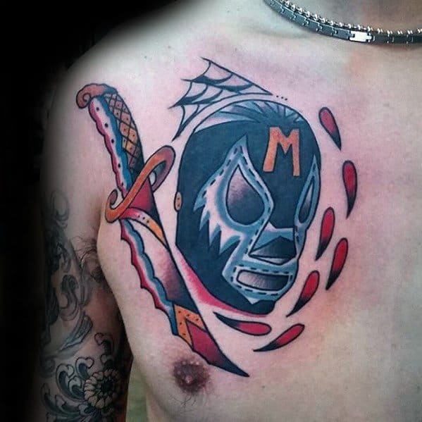 Upper Chest Dagger Wrestling Male Tattoos