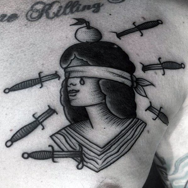 Upper Chest Daggers Circus Mens Tattoo Designs