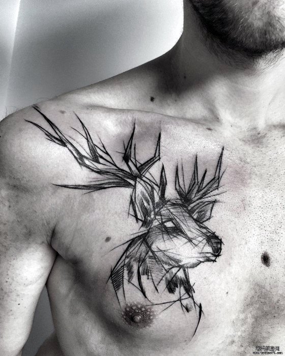 Upper Chest Deer Mens Tattoo With Sketch Design