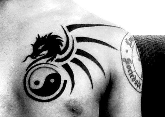 Upper Chest Dragon Yin Yang Tribal Tattoo For Guys