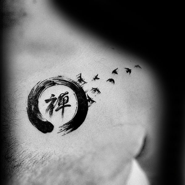 Upper Chest Enso Circle Of Life With Flying Birds And Chinese Symbol Mens Tattoo Designs