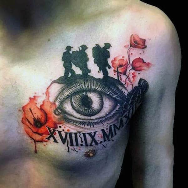 Upper Chest Eye With Watercolor Poppies Tattoo For Men