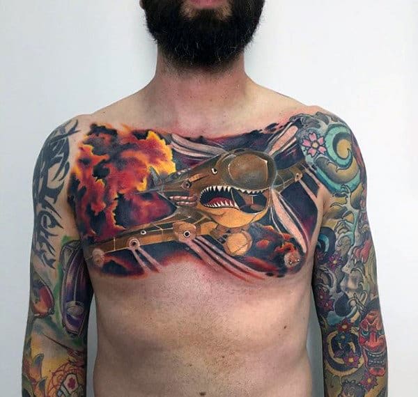 Upper Chest Fighter Plane Mens Military Air Force Tattoo Design Ideas