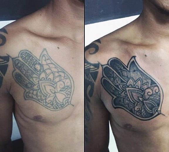 Upper Chest Floral Pattern Hamsa Male Tattoos