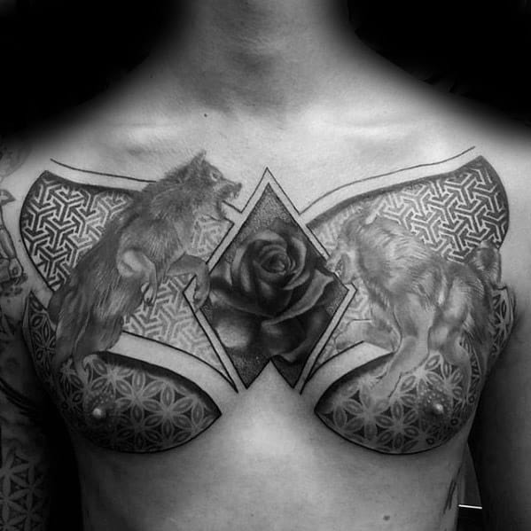 Upper Chest Geometric Guys Sick Wolf Tattoo Design Idea Inspiration