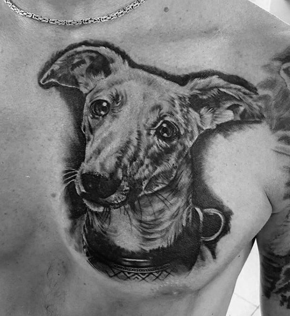 A highly detailed black and grey tattoo of a greyhound's head, focusing on its expressive eyes and textured fur, showcasing its realistic features with fine shading.