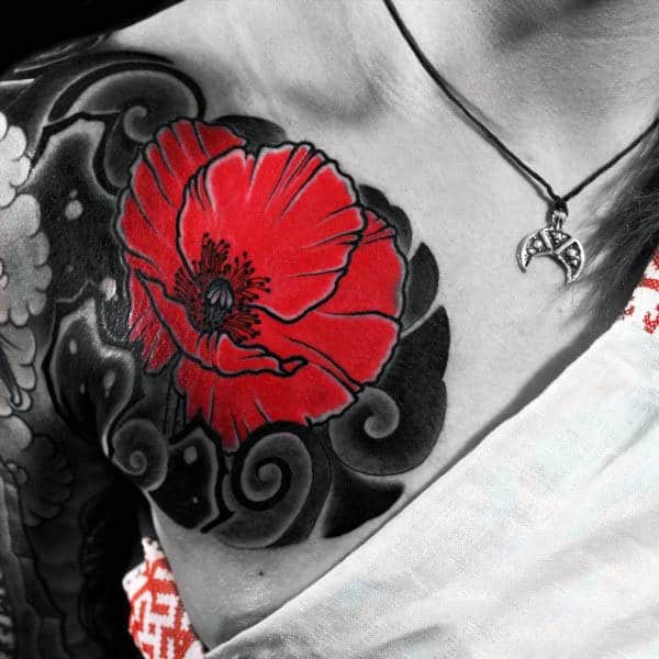 Upper Chest Guys Black Ink Japanese Tattoo With Red Poppy