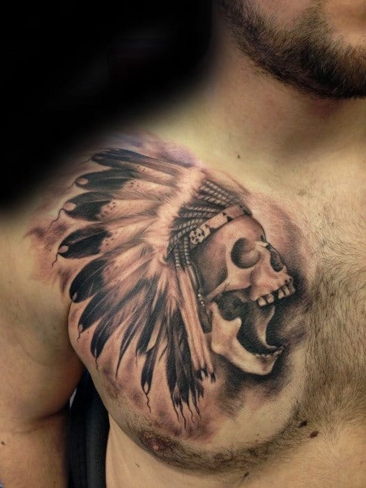 Upper Chest Guys Cool Indian Feather Skull Head Tattoos