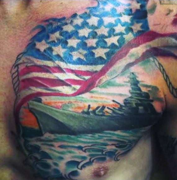 Upper Chest Guys Navy Ship With American Flag Tattoo