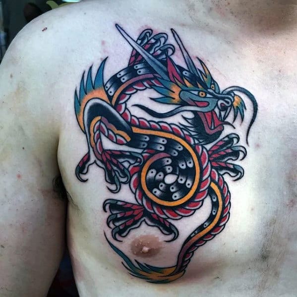 Upper Chest Guys Old School Traditional Dragon Tattoos